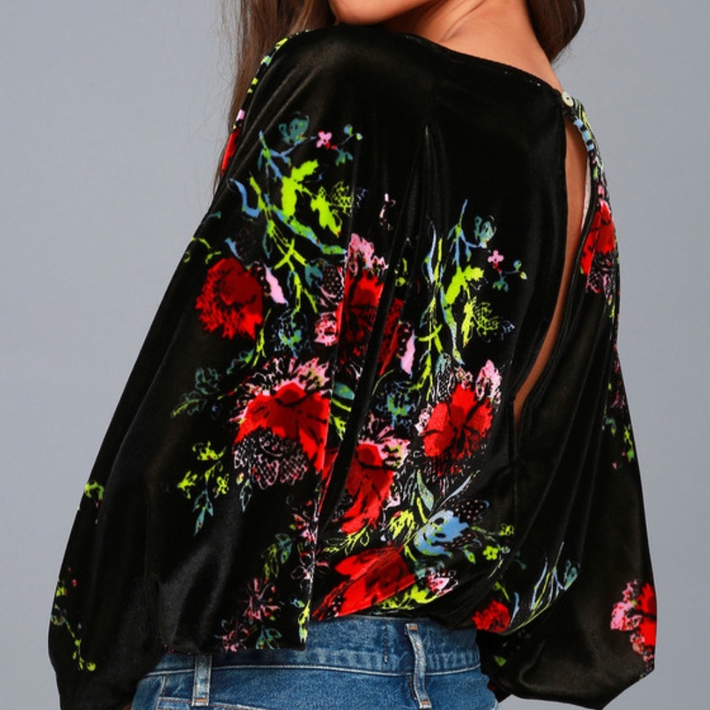 Free People - Slouchy Babe Black Floral Print Velvet Bodysuit (Size: Small)